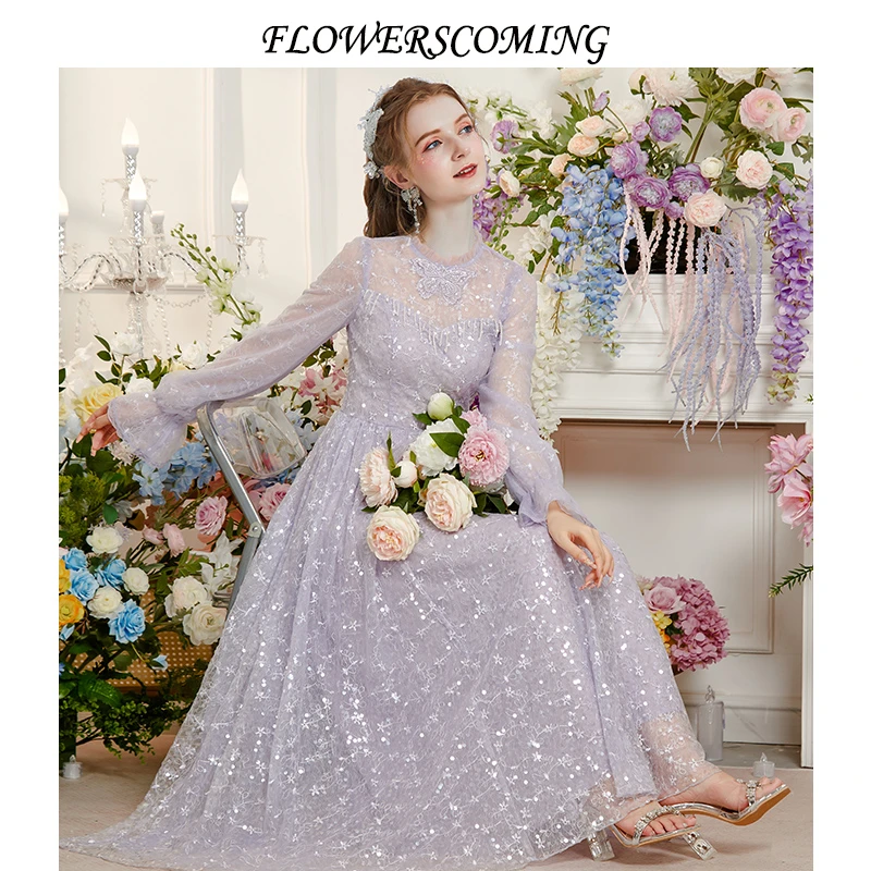花儿开了2024秋季新款网纱刺绣钻饰裙子紫色气质修身长款连衣裙女
