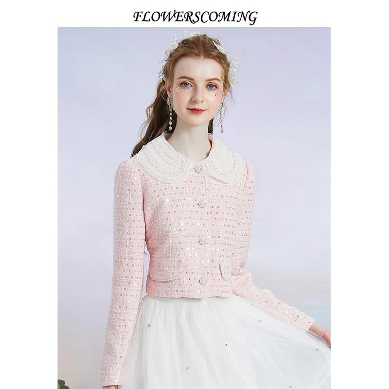 花儿开了2023秋季新款法式娃娃领刺绣上衣女小香风粗花呢短款