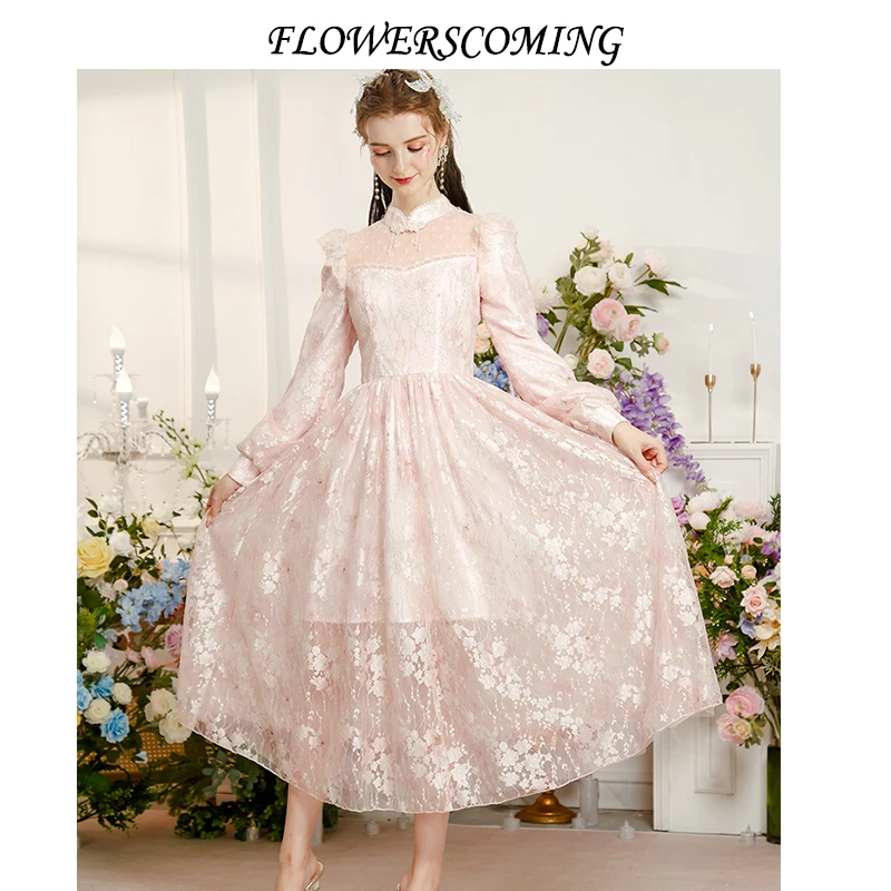 花儿开了2024秋季新款粉色长款新中式连衣裙女收腰仙女裙FNQL807