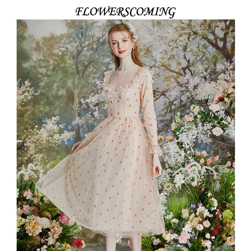 花儿开了2023春装新款粉色蕾丝网纱刺绣连衣裙女复古甜美公主裙子