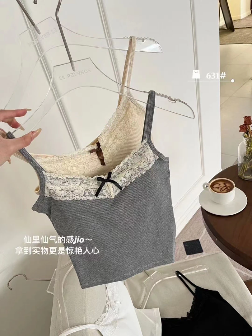辣妹蕾丝花边吊带欧美背心夏季新款蝴蝶结设计短款拼接无袖上衣