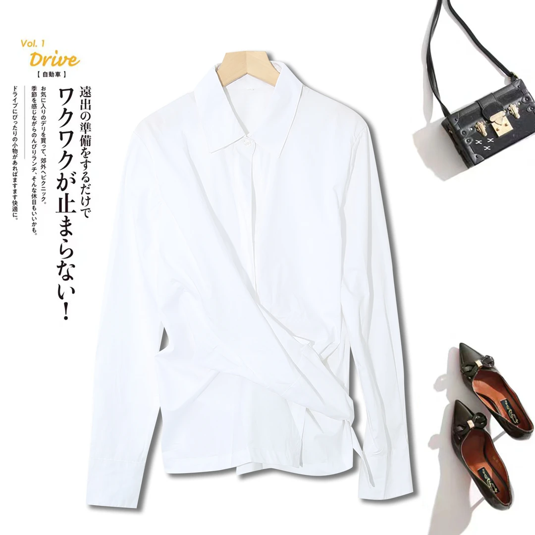 绑带收腰长袖衬衫女秋季韩系极简风气质设计感简约白色衬衣1C683