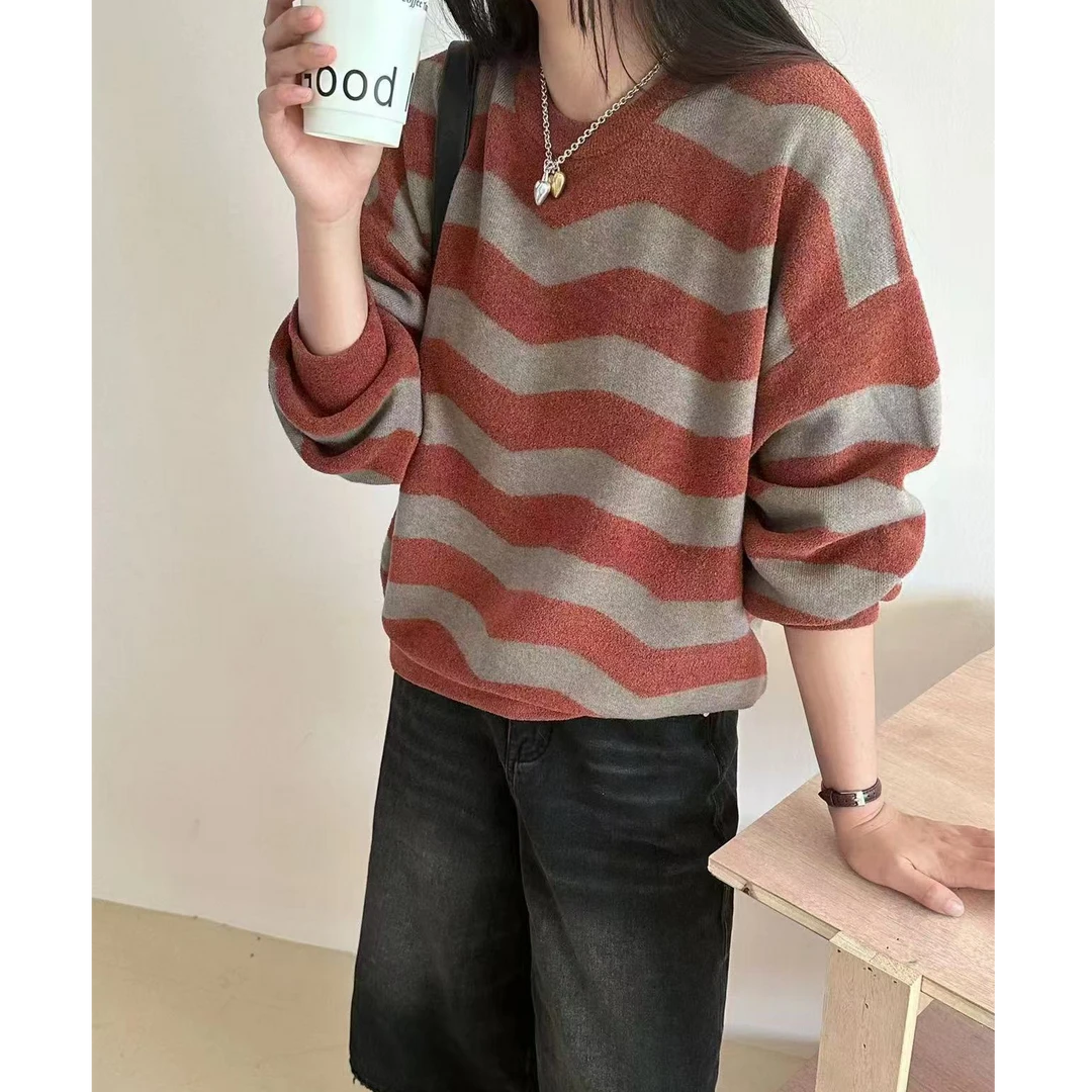 工厂直发 圆领条纹毛衣秋冬新款宽松版加厚长袖针织衫1630