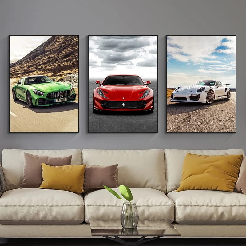 汽车装饰画客厅背景墙画竖版奔驰宝马奥迪保时捷海报卧室跑车挂画