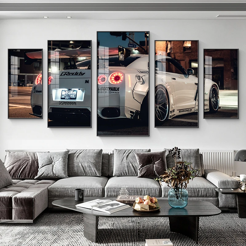 五联画客厅背景墙装饰画GTR跑车汽车挂画酒吧壁画晶瓷轻奢装饰画