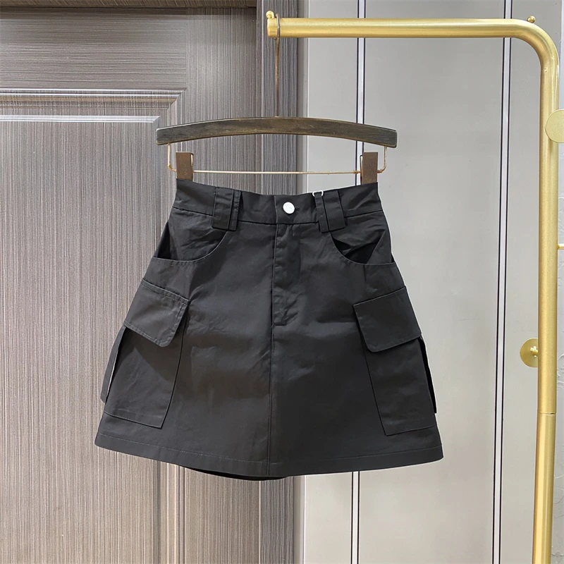 2025夏季新款黑色休闲半身裙高腰显瘦侧边口袋工装a字短裙防走光