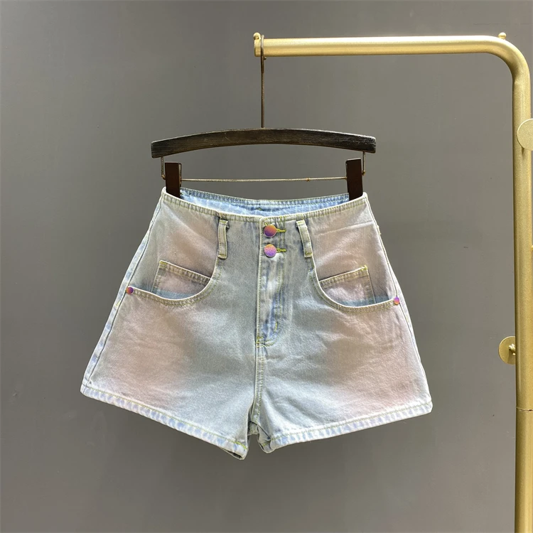 晕染渐变色高腰牛仔短裤女2025年夏季新款设计感小众A字阔腿热裤