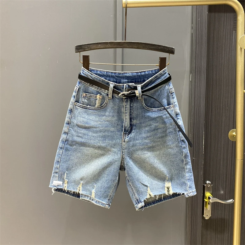 浅蓝色磨破毛边五分牛仔短裤女欧货2025年夏季高腰直筒裤宽松中裤