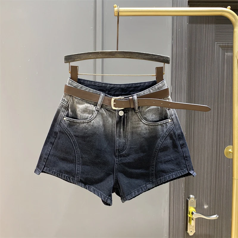 渐变色牛仔短裤女2025年夏季新款设计感阔腿高腰显瘦辣妹a字热裤