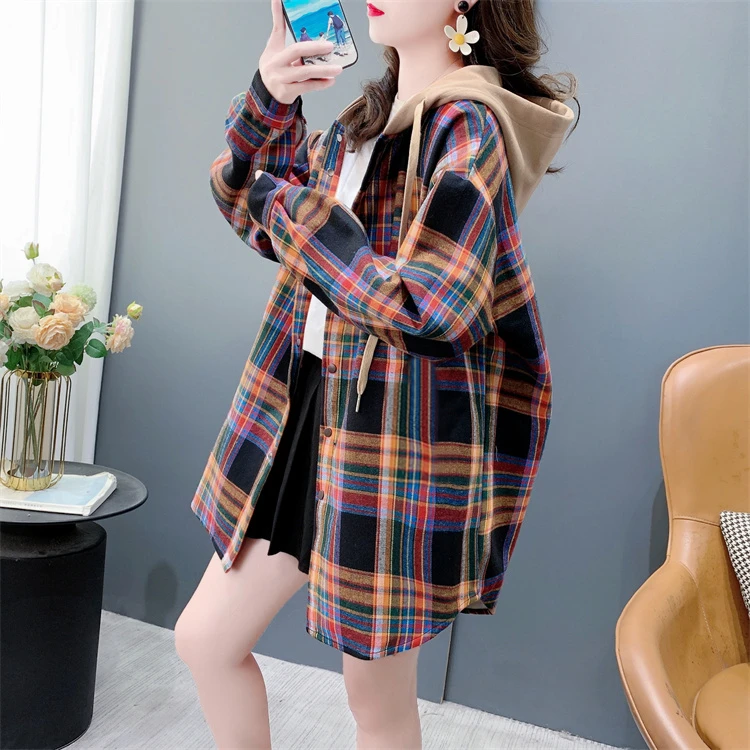 格子连帽衬衫外套女春秋薄款2025新款宽松洋气休闲百搭中长款上衣