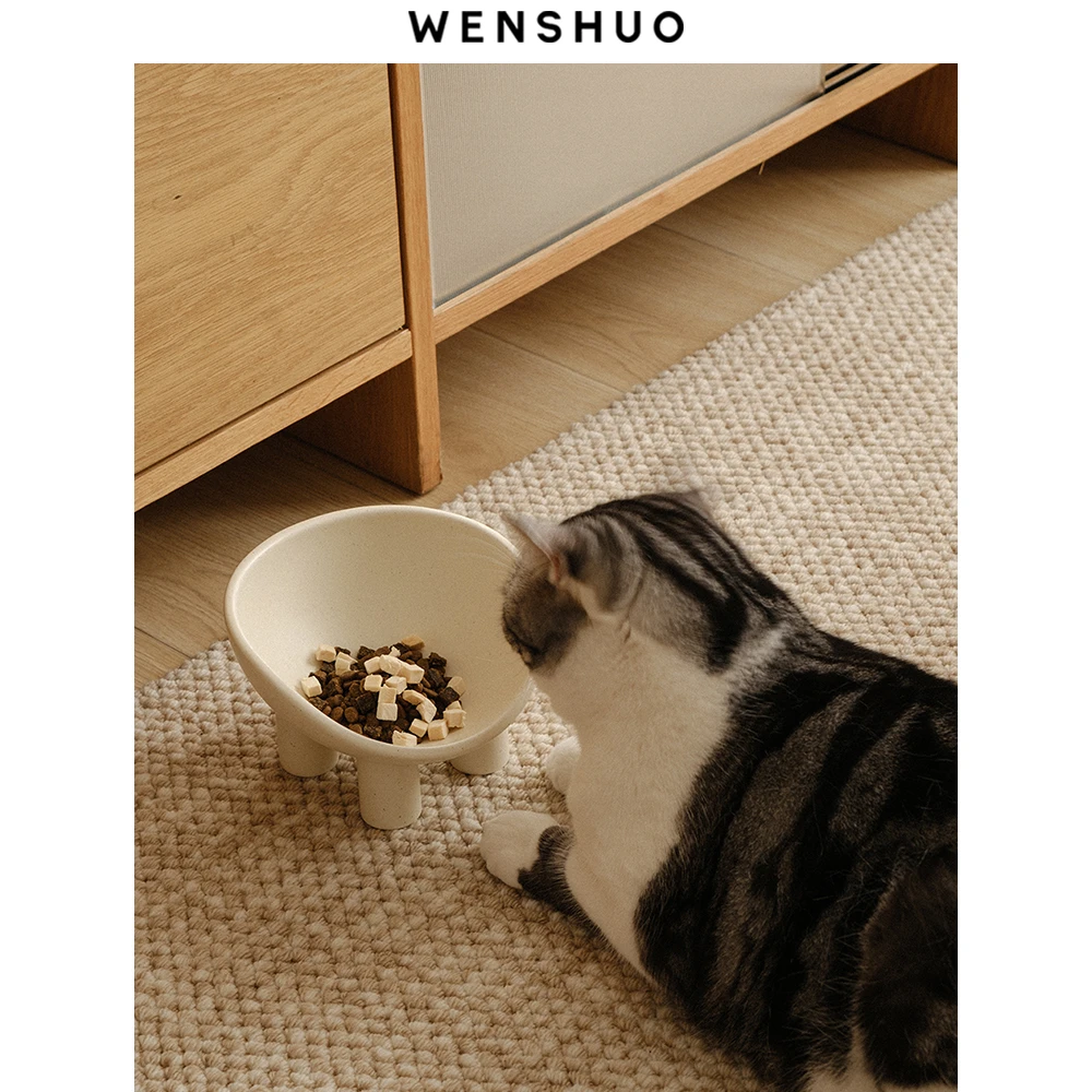 WENSHUO 奶油高脚陶瓷猫碗防打翻狗碗宠物喝水保护颈椎宠物用品