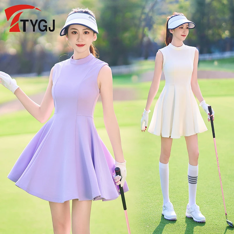 高尔夫球服装 女士韩版运动无袖连衣裙春夏收腰修身连体裙子白色