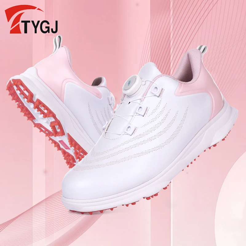 高尔夫球鞋 女士防泼水球鞋  防滑透气旋转扣运动鞋子白粉色