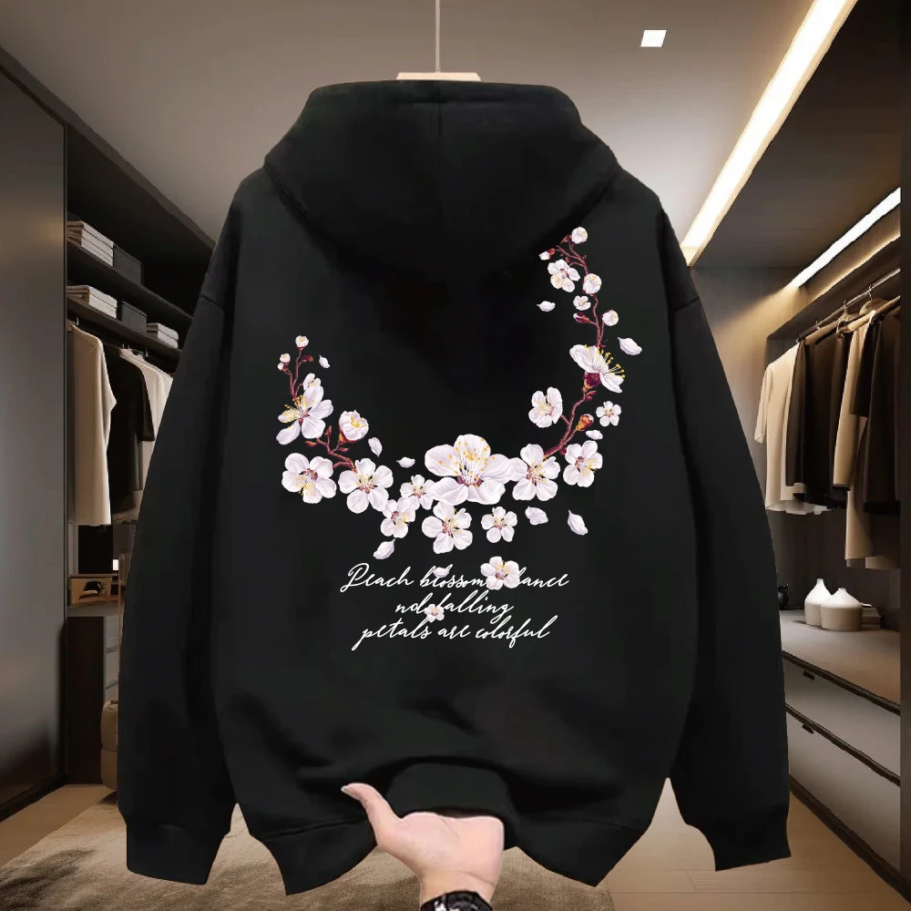 秋冬连帽卫衣宽松男女情侣长袖桃花印花休闲潮流ins学生套头上衣