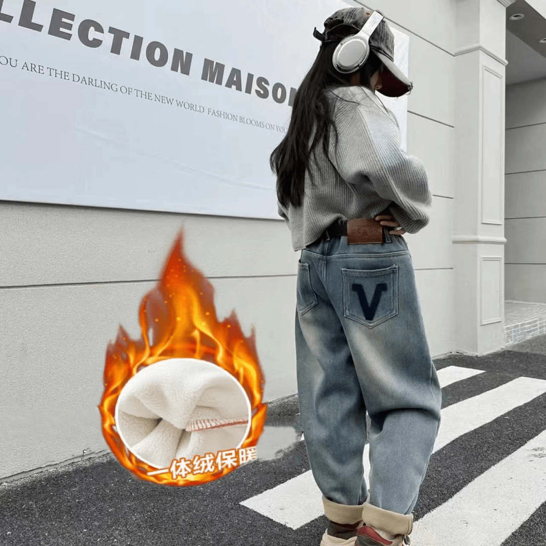 儿童牛仔裤加绒秋冬新款男女童2023冬季外穿长裤女孩洋气冬装裤子
