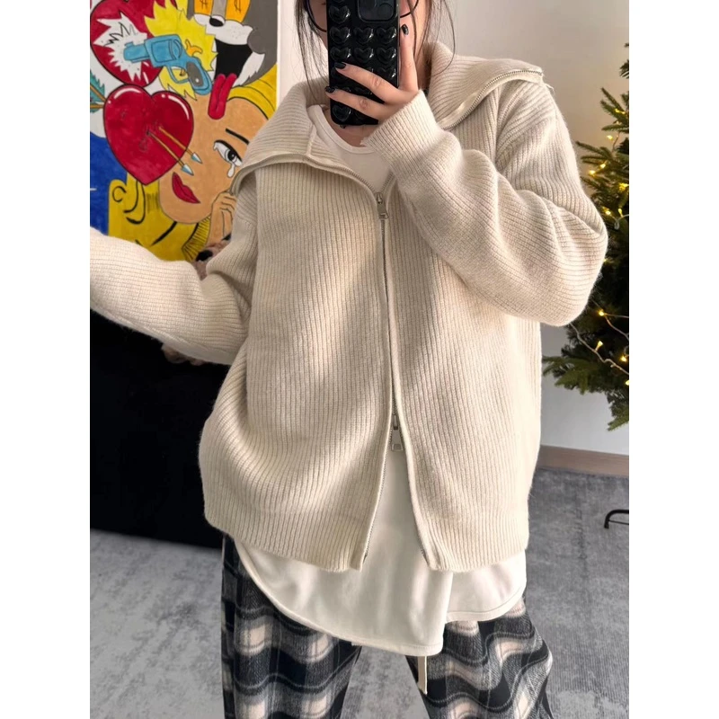 双拉链翻领针织开衫女2024春秋慵懒风复古宽松百搭小众设计感外套