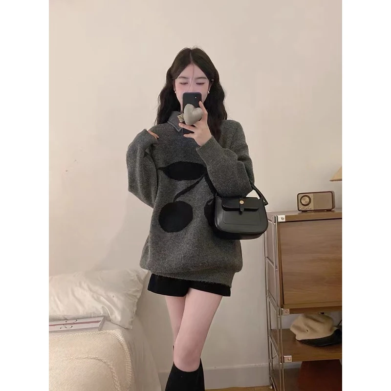 樱桃毛衣女秋冬宽松外穿慵懒风高级感超好看灰色韩版针织衫上衣