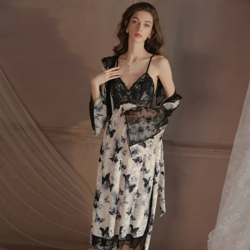 【墨心之蝶】加胸垫睡衣纯欲蝴蝶印花长款丝绒吊带睡裙外袍大码套装