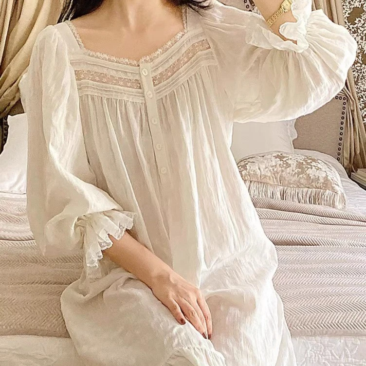 纯棉长袖睡裙女春秋甜美法式宫廷睡衣女夏公主风长裙长款白色家居