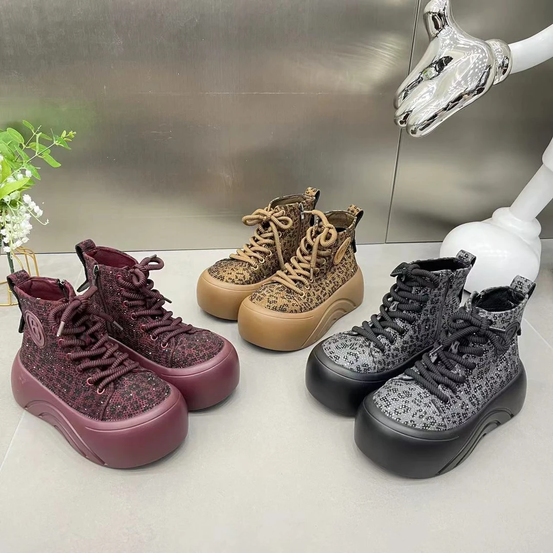 欧货2024秋冬新磨砂豹纹水钻系带短靴圆头松糕厚底增高马丁靴女鞋