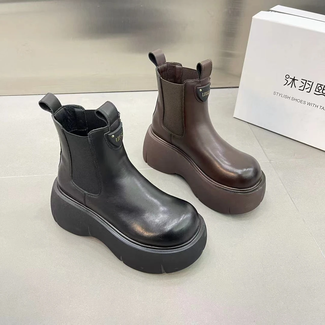 松糕厚底套筒一脚蹬烟筒短靴女2024秋冬款英伦风切尔西单靴马丁靴