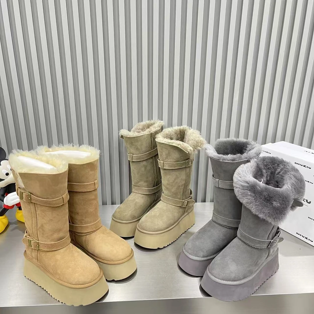 厚底面包桑坡雪地靴子女加绒加厚保暖2024冬季新款长筒雪地棉鞋子