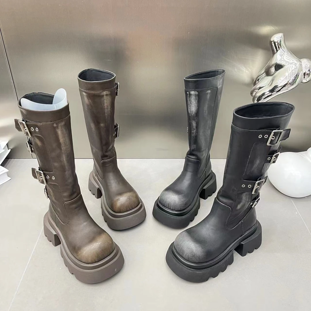 秋季复古欧美中筒靴辣妹街头通勤拽酷百搭西部靴粗跟皮带扣时装靴