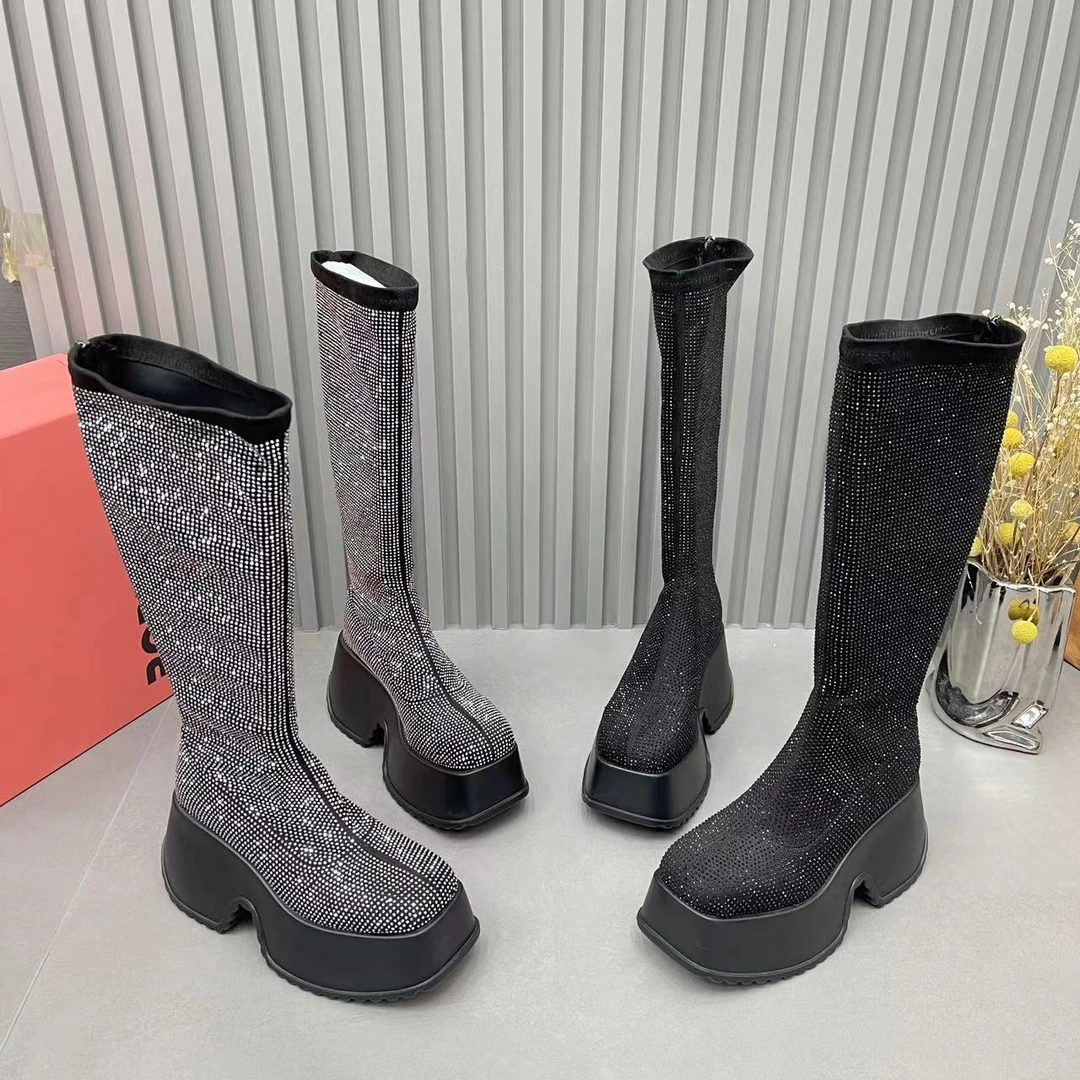 欧货粗跟厚底长筒靴女2024秋季新款圆头后拉链增高瘦瘦靴时装女靴