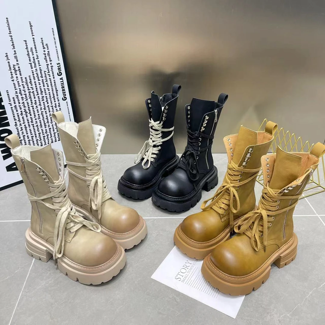 欧洲站2024秋新款透气做旧系带中筒马丁靴圆头厚底增高机车靴女鞋