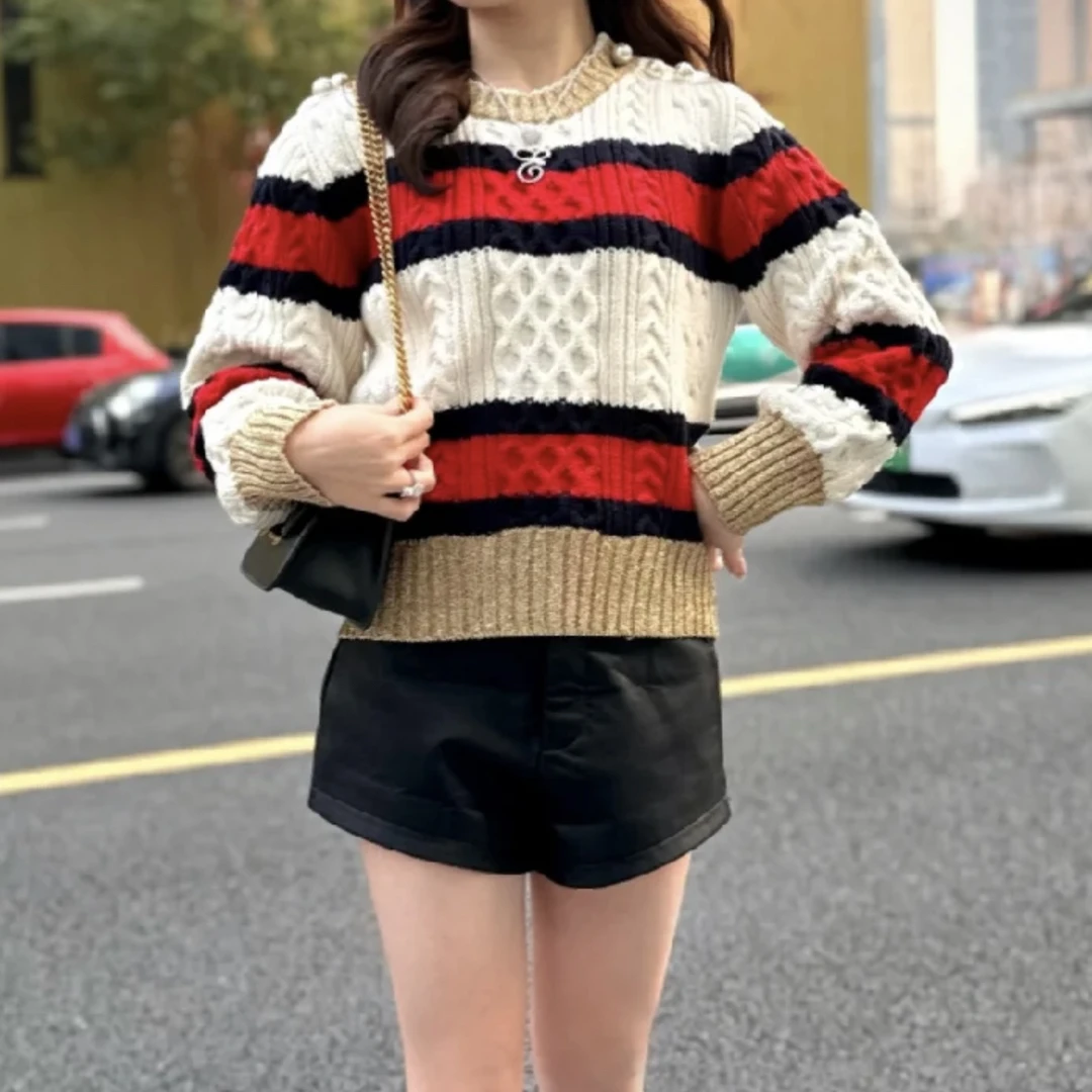 Gucci/古驰/彩条金扣针织上衣 XS码 99新 GM000573