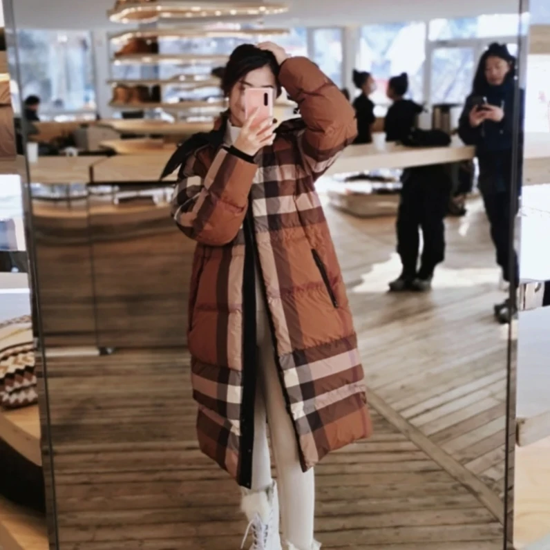 Burberry/博柏利/长款格纹连帽羽绒服 XS码 全新带吊 GM001562