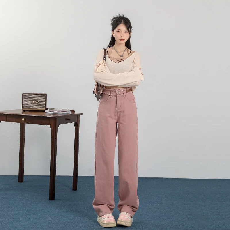 高腰新款双排扣毛边脏粉色牛仔裤女宽松直筒阔腿裤子