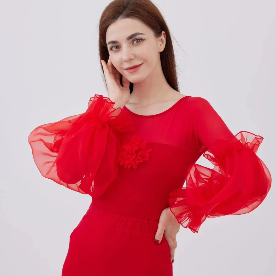 【HF品牌】Y56欧根纱泡泡袖摩登舞上装