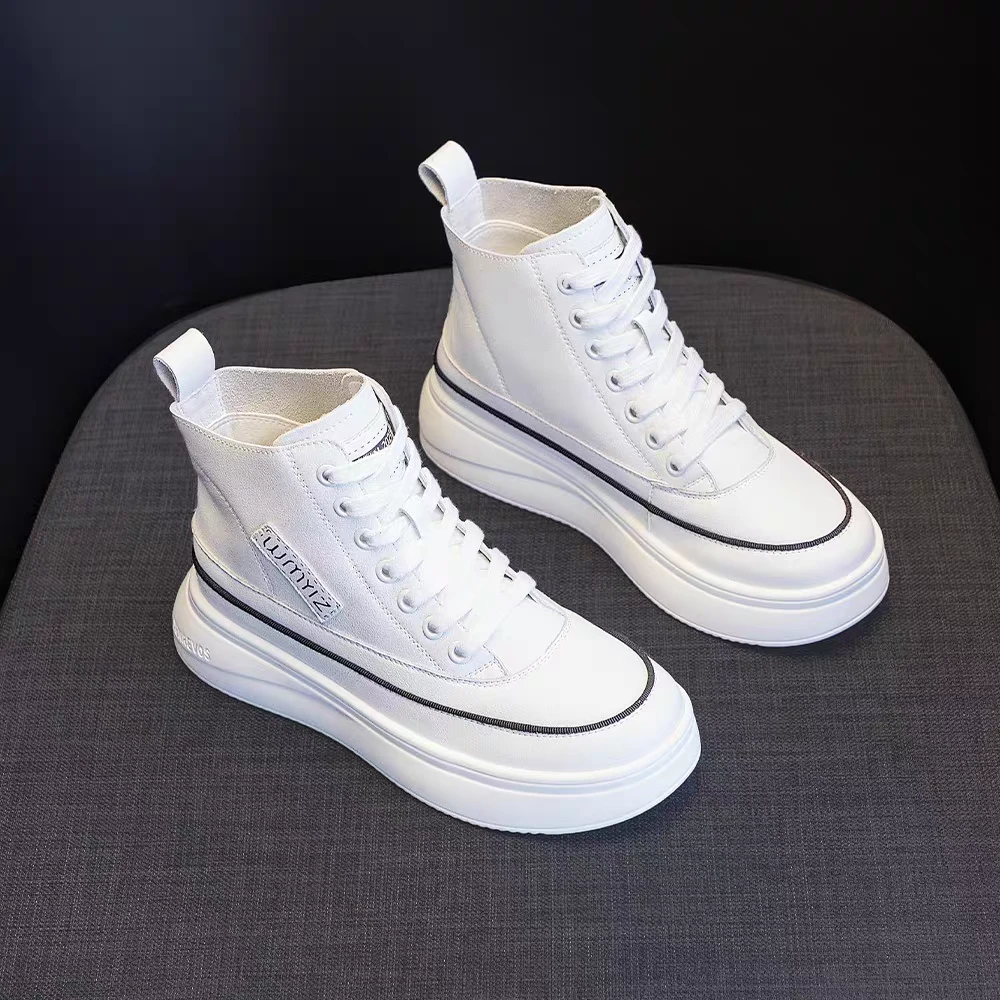 万达撤柜头层牛皮高帮小白鞋女2025秋季时尚厚底增高短靴韩版板鞋