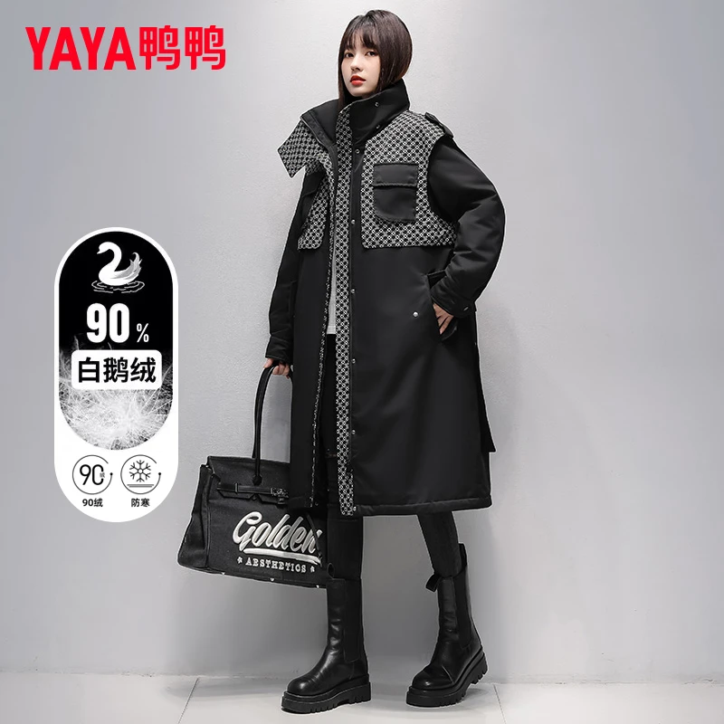 鸭鸭冬季2022年新款鹅绒羽绒服女款中长款印花拼接风衣派克服外套