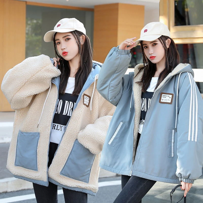 两面穿加绒加厚外套女冬季新款港味初中高中学生宽松保暖棉衣棉服