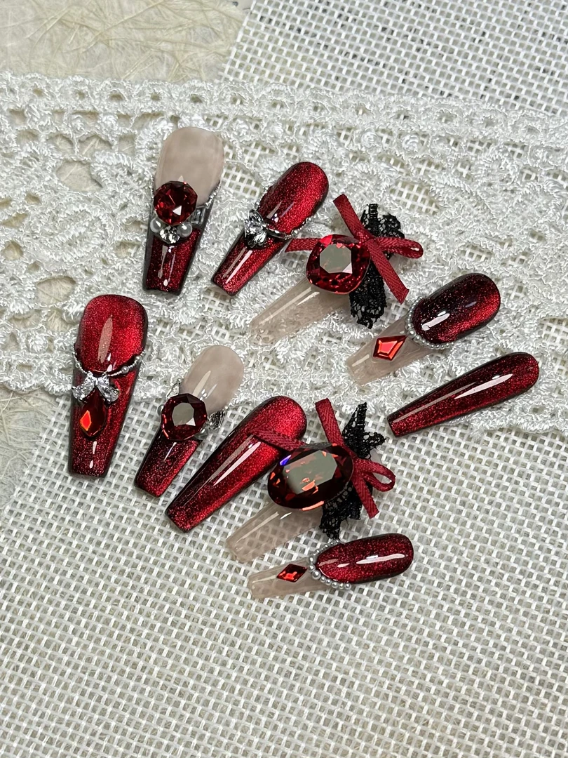 【勃艮第红酒】新年元旦红色猫眼碎钻美甲新年红高级手工定制穿戴甲