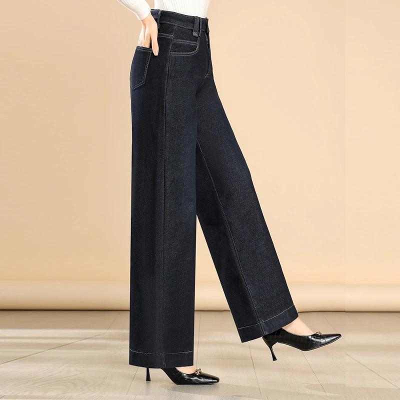 妈妈阔腿裤女士加绒牛仔裤女秋冬高腰宽松显瘦新款中年直筒裤长裤