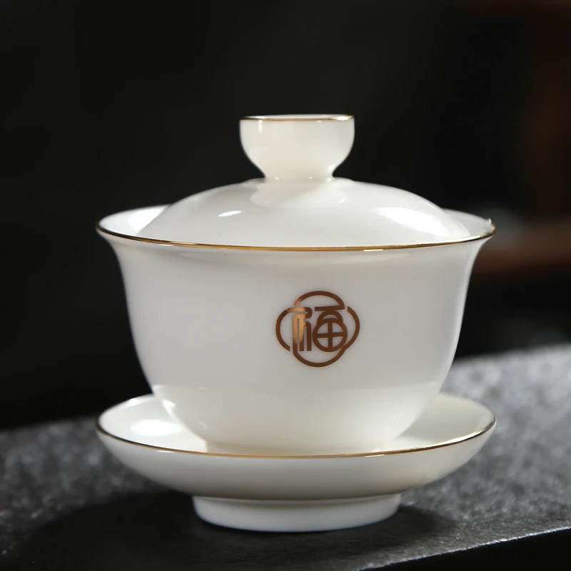 羊脂玉瓷盖碗盖碗陶瓷茶具三才盖碗白色泡茶碗高档白瓷盖杯敬茶碗