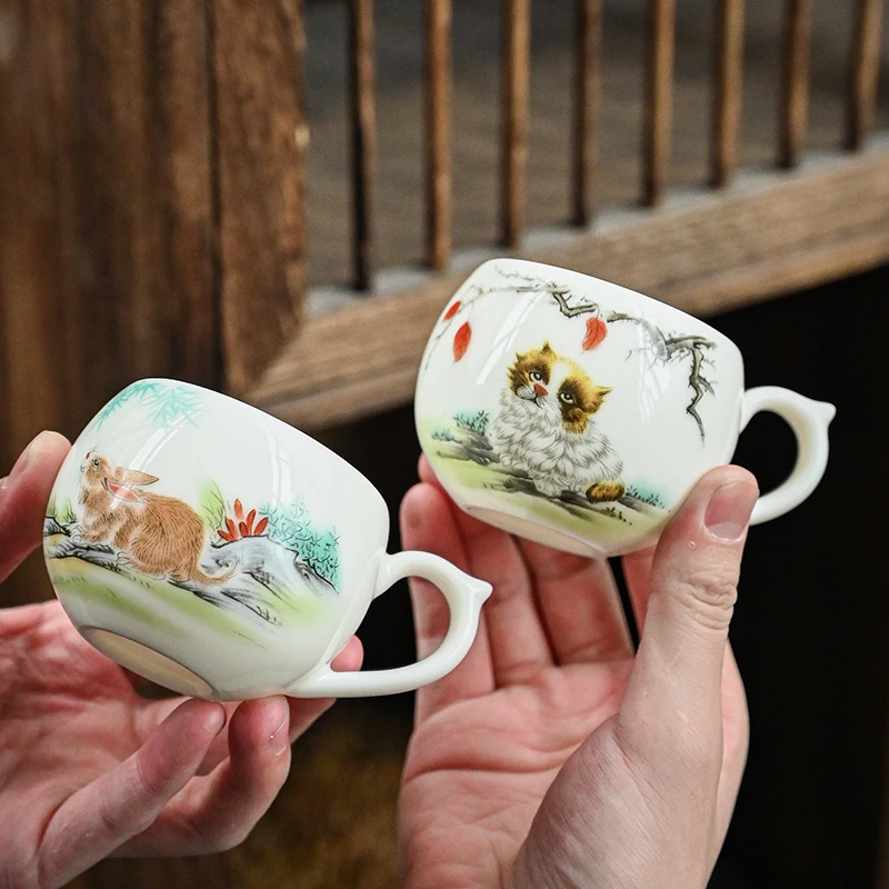 羊脂玉瓷中式功夫茶杯德化白瓷陶瓷主人杯单杯品茗杯防烫有耳茶杯