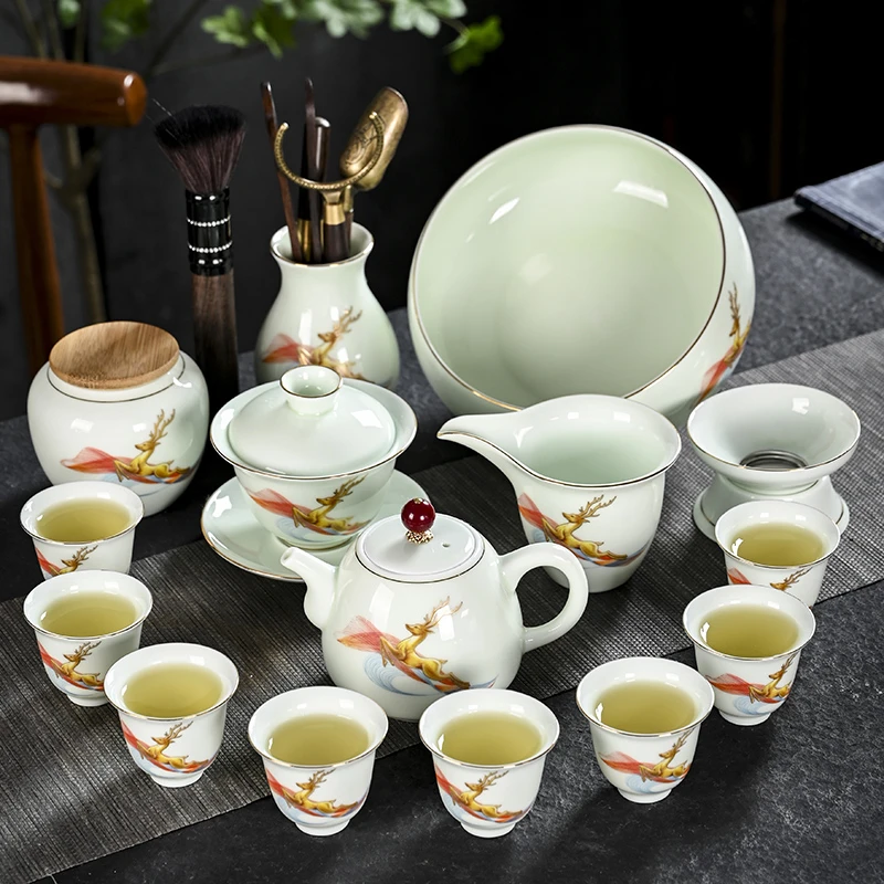 高档描金功夫茶具套装家用办公轻奢茶具整套青瓷泡茶器盖杯泡茶壶