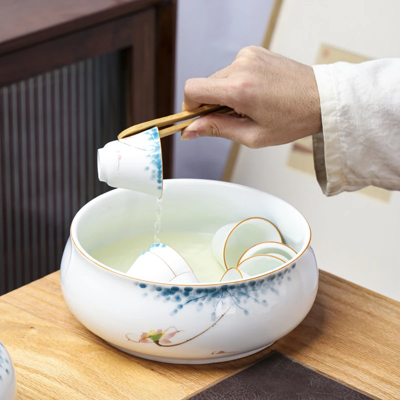 特大号手绘功夫茶具茶洗手工绘制陶瓷杯洗创意白瓷水盂茶盏收纳盆