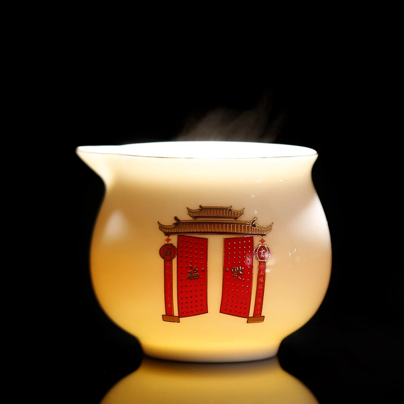 大号羊脂玉陶瓷公道杯德化白瓷描金茶海家用白菜茶水分离器