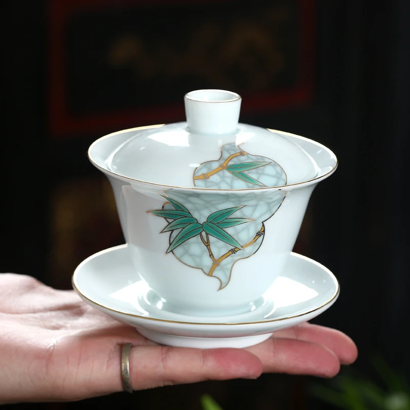家用绿竹影青三才盖碗青瓷描金泡茶碗耐热加厚功夫茶具盖杯茶杯