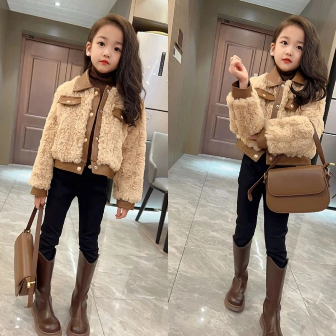 洋气皮毛一体女童外套2023冬季新款儿童羊羔毛拼皮短款加厚外套