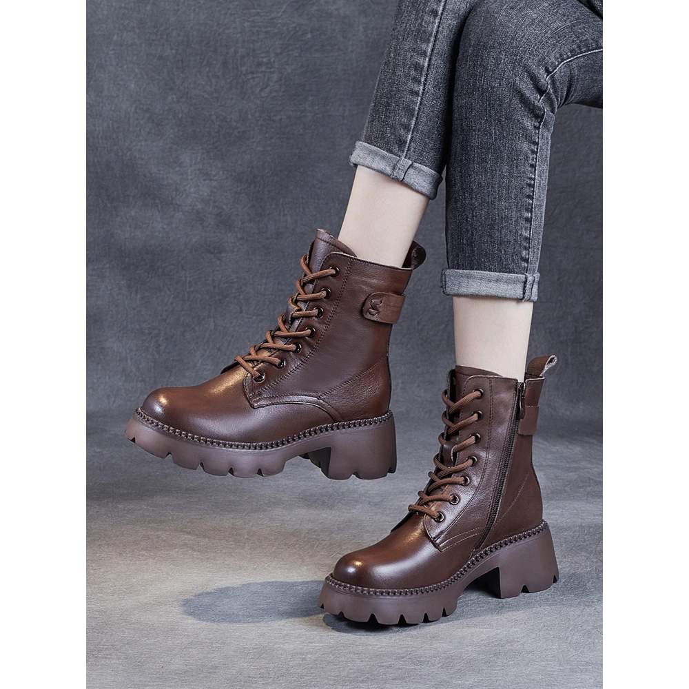 真软皮马丁靴女2025秋冬季新款单靴小个子粗高跟厚底短靴加绒棉靴