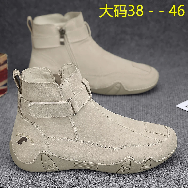 沙色男秋冬款真皮防水高筒侧拉链工装靴大尺码45胖宽脚户外46软