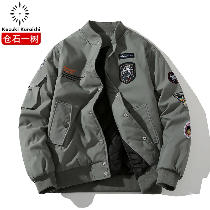 仓石一树冬季新款飞行员男夹克加绒加厚美式潮牌宽松棒球服外套