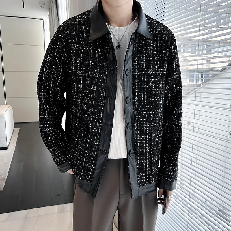 仓石一树轻熟风呢料拼皮格子夹克男宽松小香风拼接呢子短款外套