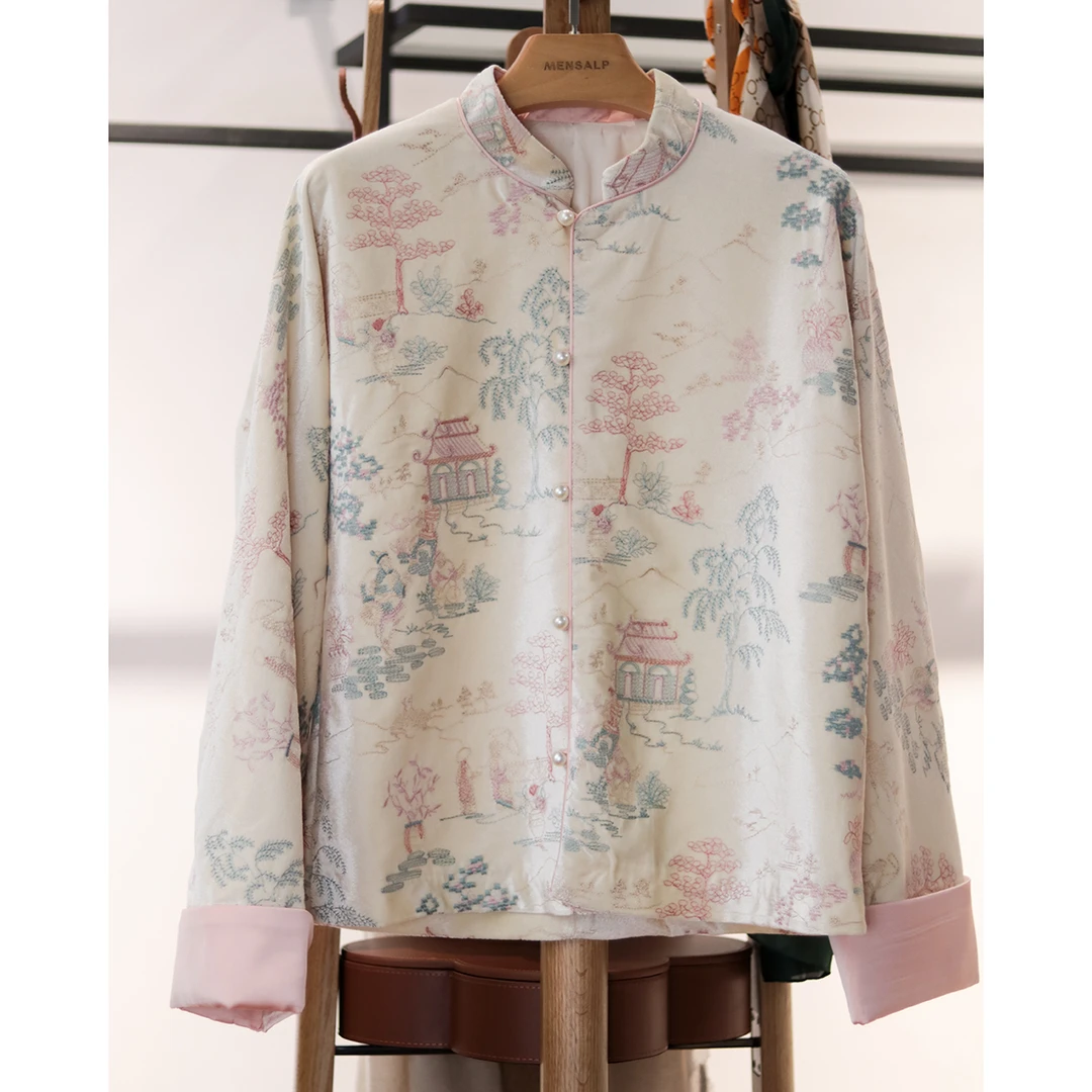 亭台楼阁~中式梦幻粉改良国风刺绣丝绒外套MS413